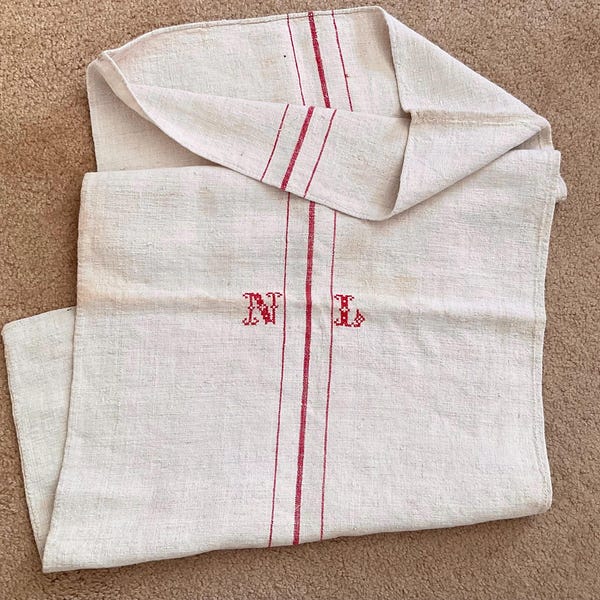 Antique French Linen Grain Sack With initial N,L.