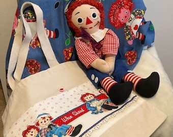 Vintage 60’s Raggedy Andy Doll,  Tote bag and Fabric, Set of 3