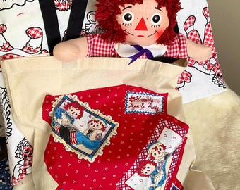 Vintage 70’s Raggedy Andy Doll,  Tote bag and Fabric, Set of 3