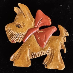Vintage Wooden Carved Scottie Dog Brooch