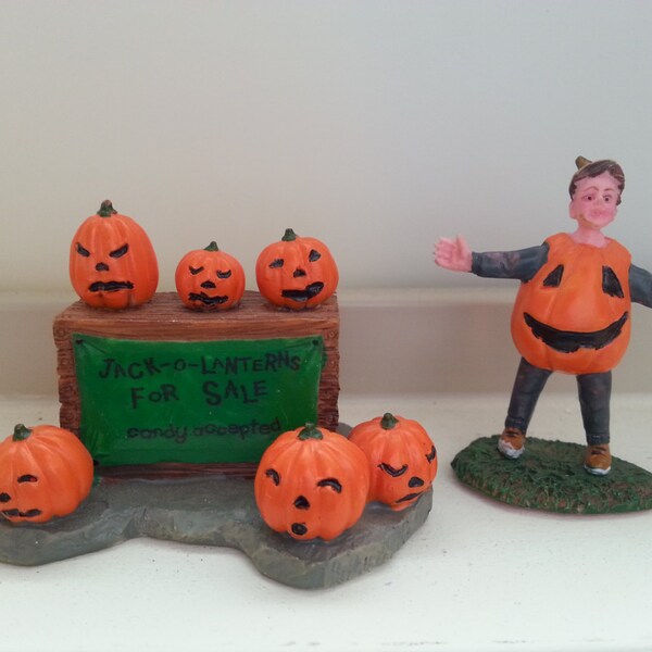 SALE! Halloween Miniature Town / Pumpkin Stand with Boy in Pumpkin Costume / Spooky Village