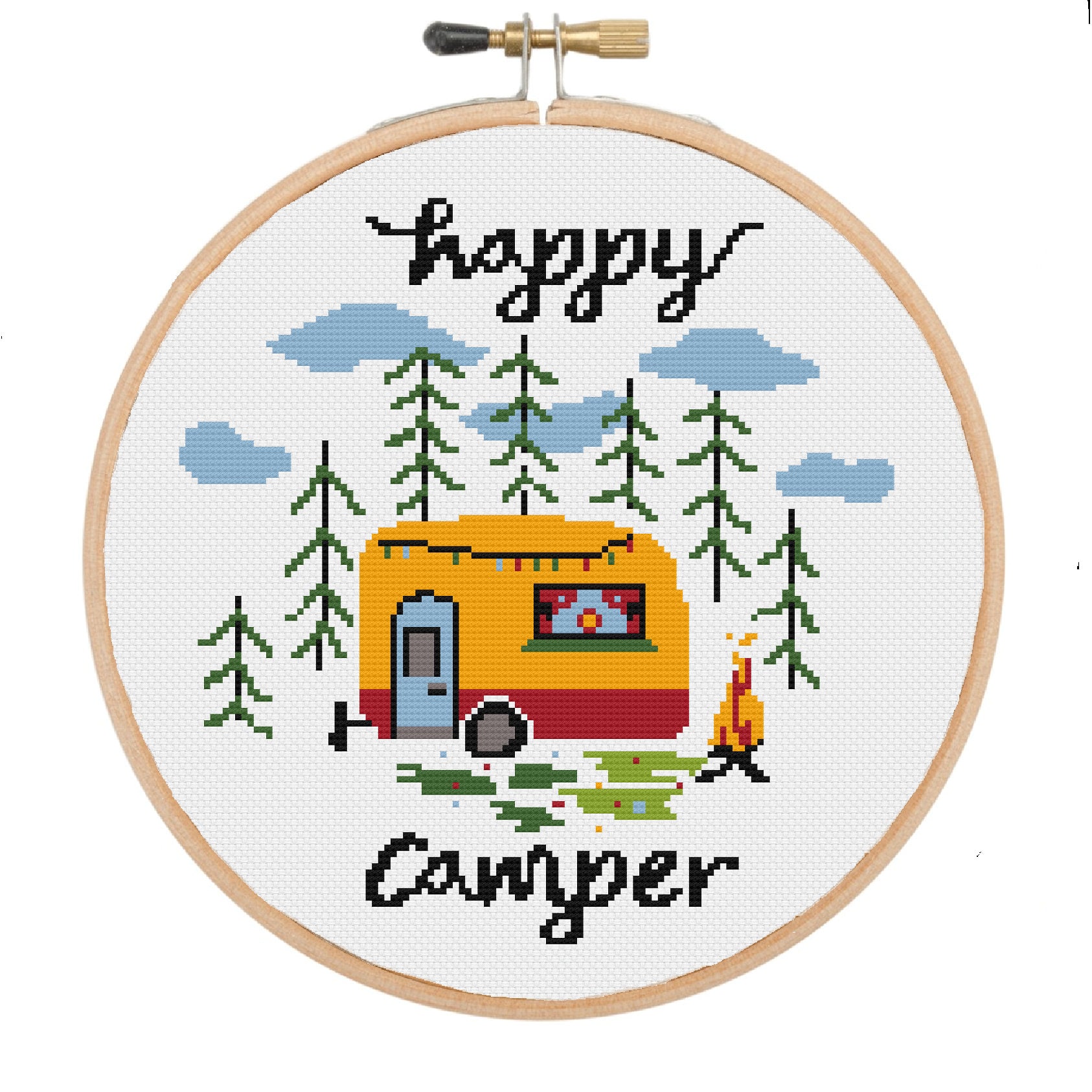 Happy Camper cross stitch pattern landscape forest cloudy sky Etsy