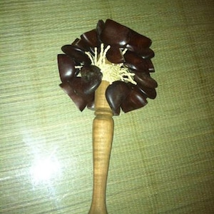 May include: A wooden musical instrument with a handle and a cluster of brown seed pods attached to the top. The seed pods are held together with string.