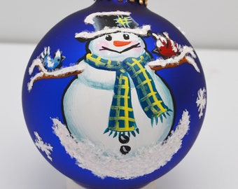 Custom Hand Painted Snowman with Birds Ornament
