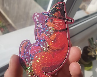 Witch Cat Pixel Holographic Sticker