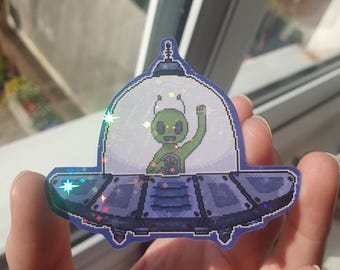 Alien UFO Pixel Holographic Sticker