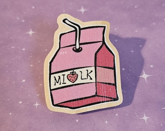 Strawberry Milk Wooden Pin Badge