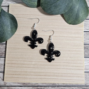 N.O. Saints Black and Gold Fleur De Lis Game Day Sports Spirit Handmade Polymer Clay Earrings