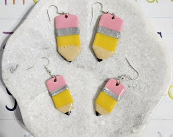 Back to School Teacher Appreciation Medium Pencil Themed Handmade Polymer Clay Earrings - Nickel Free