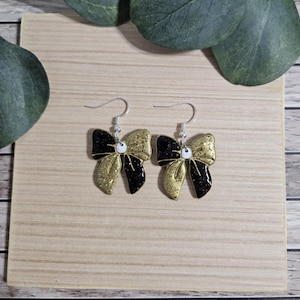N.O. Saints Black and Gold Glitter Bows Game Day Sports Spirit Handmade Polymer Clay Earrings