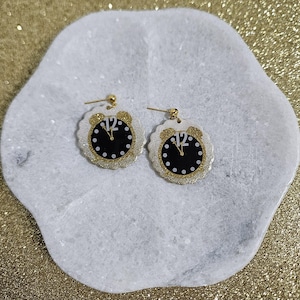 Black and Gold Clock Earrings – New Year Themed Handmade Polymer Clay, Lightweight