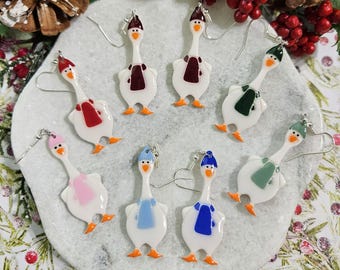 Winter Goose Dangle Earrings – Handmade Polymer Clay Style, Animal Earrings, Lightweight & Nickel Free