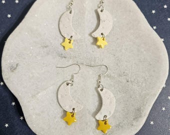 Moon & Stars Earrings | Handmade Polymer Clay Dangles, Nickel Free