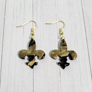 N.O. Saints Black and Gold Fleur De Lis Game Day Sports Spirit Handmade Polymer Clay Earrings