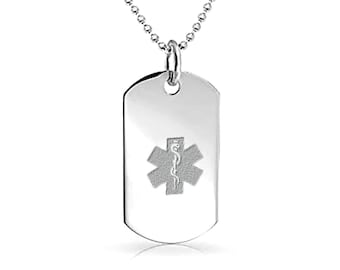 Sterling Silver Medical Alert Dog Tag Necklace • Surgical Steel Pendant