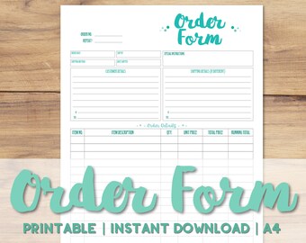 PRINTABLE A4 Order Form - Turquoise Blue Form - Business Organisation Printables - Small Business - Etsy Business - Instant Download PDF