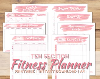 PRINTABLE/DIGITAL A4 Fitness Planner - Pink Watercolour Diet, Exercise & Weight Loss Tracker - Health and Fitness Goal Journal - DOWNLOAD
