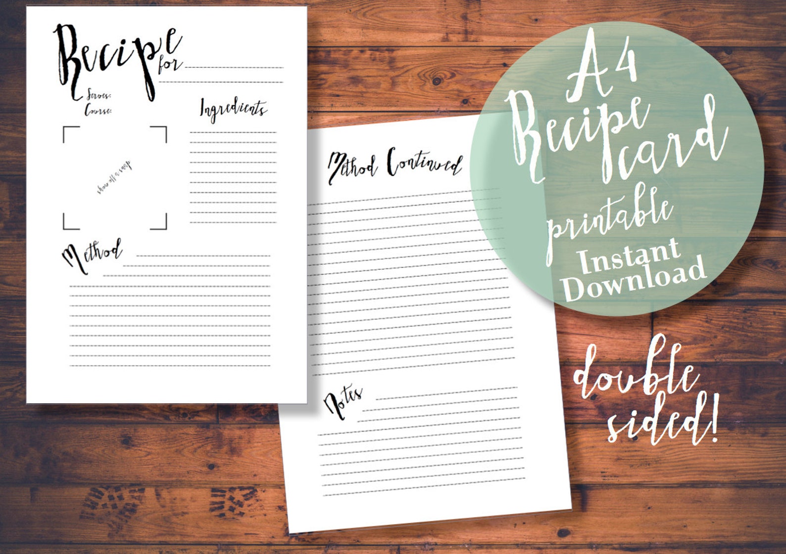 PRINTABLE/DIGITAL A4 Recipe Card/sheet - Black and White Calligraphic ...