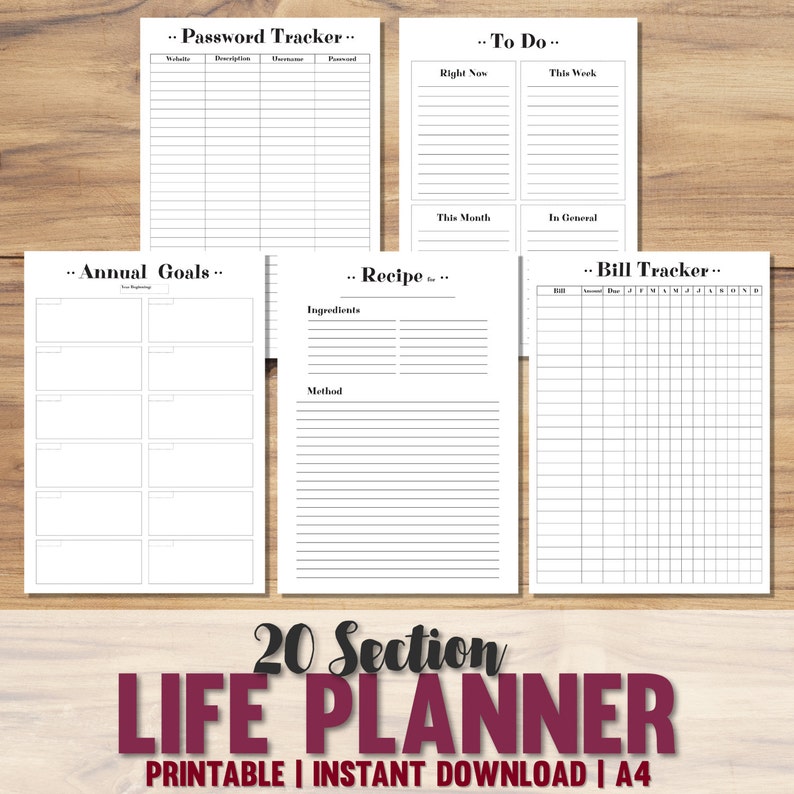 May include: A printable 20-section life planner with sections for password tracking, to-do lists, annual goals, recipes, and bill tracking. The planner is designed for A4 paper and is available for instant download.