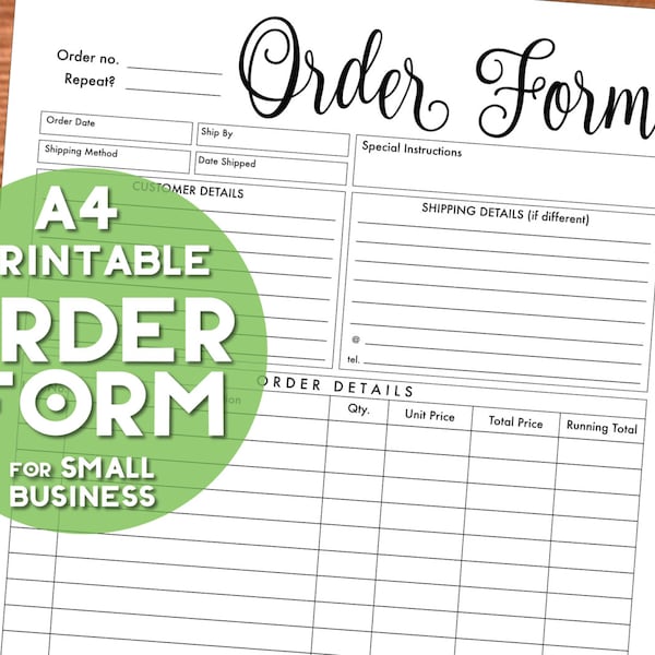 PRINTABLE A4 Order Form - Black & White Calligraphic - Business Organisation Printables - Small Business - Etsy Business - Instant Download