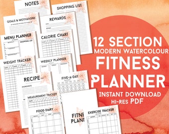 PRINTABLE/DIGITAL PDF Fitness Planner - Modern Floral - 12 Sections - Diet Exercise & Weight Loss Tracker Health Fitness Journal