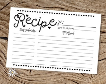 PRINTABLE 4 x 6 Black and White Heart Recipe Index Cards, Modern Recipe PDF Cards