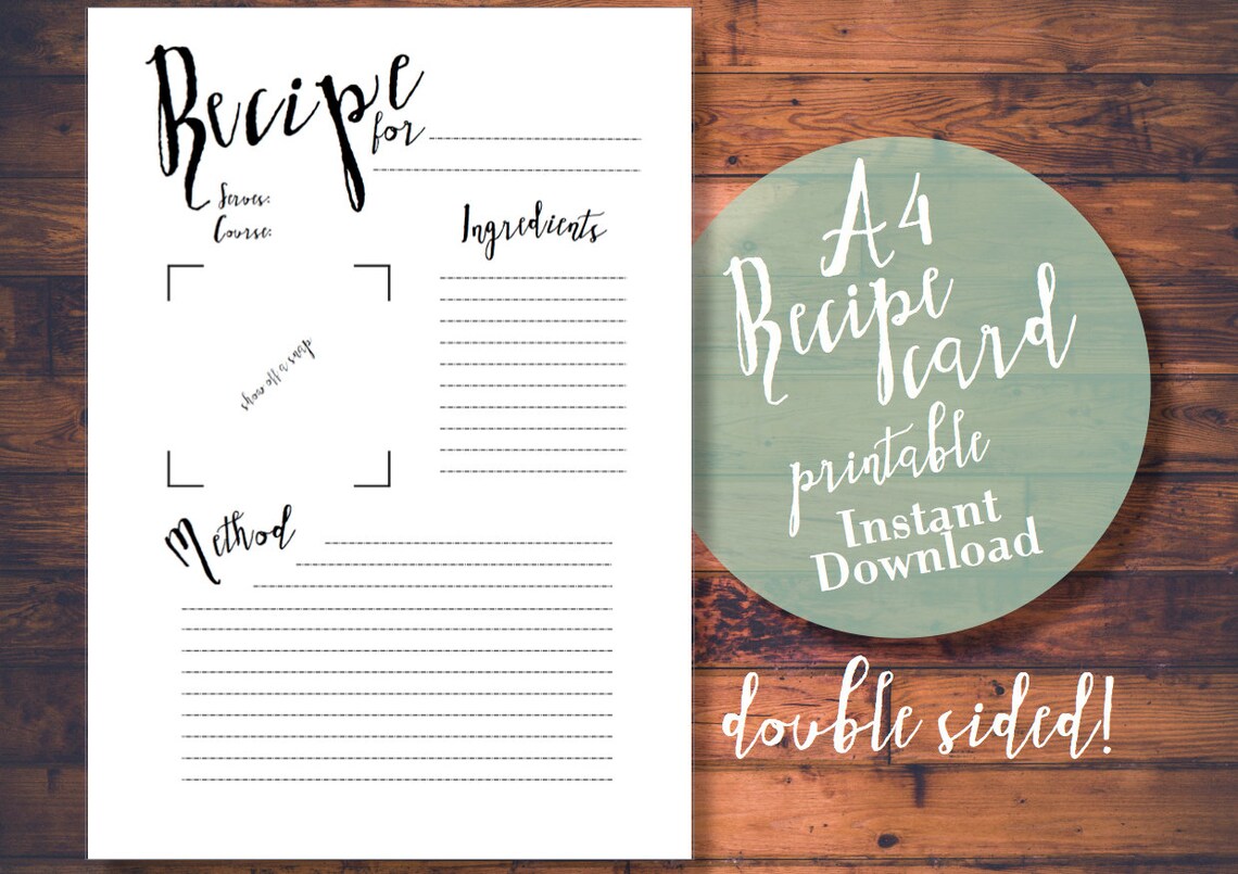 PRINTABLE/DIGITAL A4 Recipe Card/sheet - Black and White Calligraphic ...