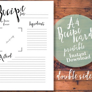 Fiche/carte de recette A4 imprimable/numérique - Style calligraphique noir et blanc, cartes PDF recto-verso vintage chic et élégantes - téléchargement immédiat