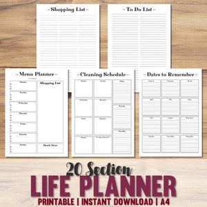 May include: A printable 20-section life planner in black and white with headings for "Shopping List", "To Do List", "Menu Planner", "Cleaning Schedule", and "Dates to Remember". The planner is designed for A4 paper and includes a "20 Section Life Planner" title with the text "Printable | Instant Download | A4".