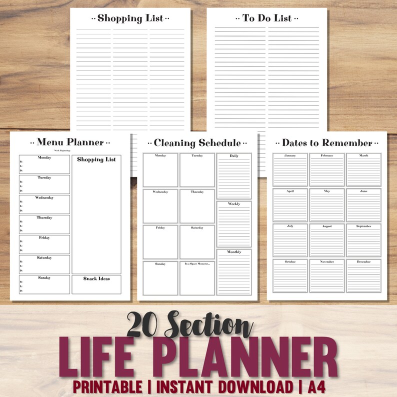 May include: A printable 20-section life planner in black and white with headings for "Shopping List", "To Do List", "Menu Planner", "Cleaning Schedule", and "Dates to Remember". The planner is designed for A4 paper and includes a "20 Section Life Planner" title with the text "Printable | Instant Download | A4".