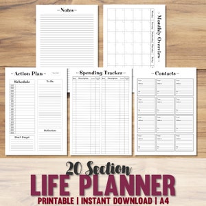May include: A printable 20-section life planner in black and white with sections for notes, monthly overview, action plan, spending tracker, and contacts. The planner is labeled "20 Section Life Planner Printable | Instant Download | A4".