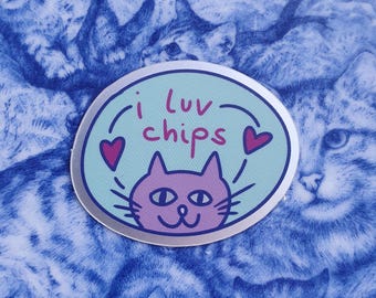 i luv chips Cat Sticker - Matte holographic vinyl waterproof sticker - Laptop and water bottle sticker, for stationery
