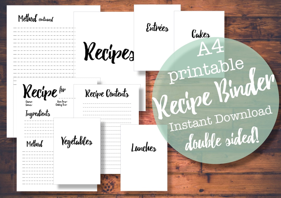 PRINTABLE/DIGITAL A4 Recipe Binder Sheet - Black and White Calligraphic Style, Stylish Chic ...