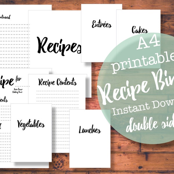 PRINTABLE/DIGITAL A4 Recipe Binder Sheet - Black and White Calligraphic Style, Stylish Chic Vintage Double Sided PDF Cards Binder