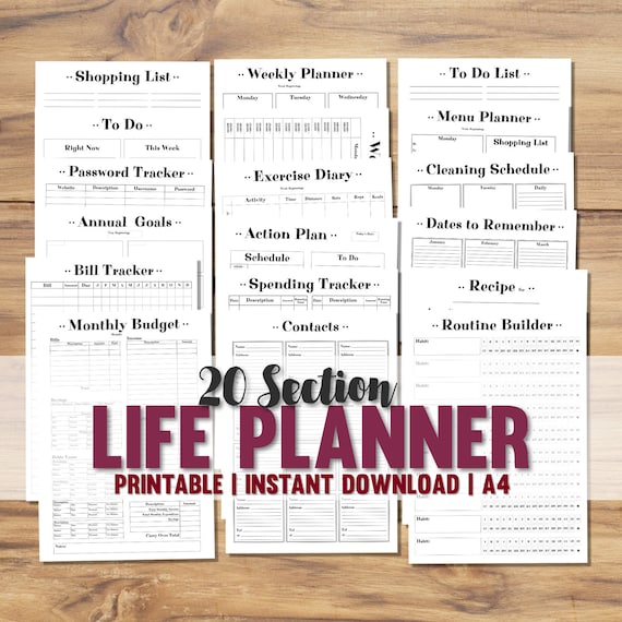 PRINTABLE/DIGITAL A4 Life Planner - 20 SECTIONS - Life Tracker - To Do, Shopping List, Meal Planning, Budget Planner, Cleaning, pdf download