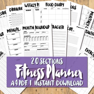PRINTABLE/DIGITAL A4 Fitness Planner - 20 section PDF - Quirky Black & White - Diet, Exercise Weight Loss Tracker Health Fitness Journal