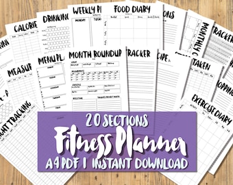 PRINTABLE/DIGITAL A4 Fitness Planner - 20 section PDF - Quirky Black & White - Diet, Exercise Weight Loss Tracker Health Fitness Journal