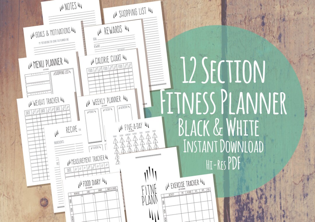 PRINTABLE/DIGITAL Fitness Planner - Quirky Black White 12 Part Diet ...