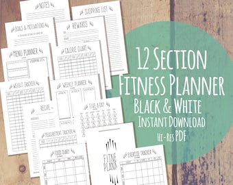 PRINTABLE/DIGITAL Fitness Planner - Quirky Black White 12 Part Diet Exercise & Weight Loss Tracker Health Fitness Journal - PDF download