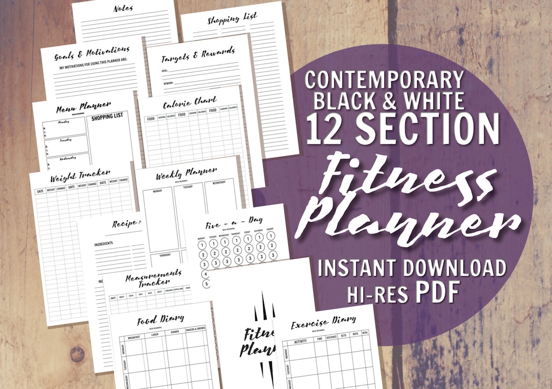 PRINTABLE/DIGITAL Fitness Planner - Black + White - 12 Sections - Diet ...