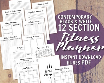 PRINTABLE/DIGITAL Fitness Planner - Black + White - 12 Sections - Diet Exercise, Weight Loss Health Fitness Journal - Instant Download