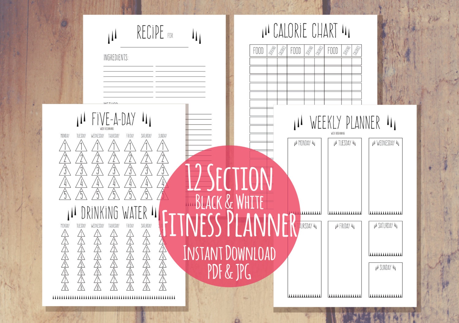 PRINTABLE/DIGITAL Fitness Planner - Quirky Black White 12 Part Diet ...