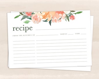 Floral Recipe Cards Printable 4x6 Recipe Card Template Kitchen Garden Summer Recipe Card Bridal Shower Printables Blush Rose Green Peach