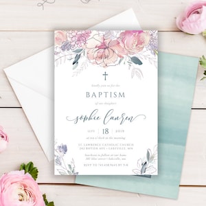 Peach Floral Printable Baptism Invitation Template Girl Etsy