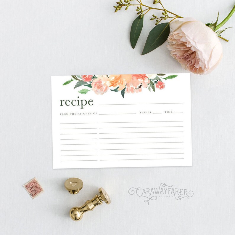 Floral Recipe Cards Printable 4x6 Recipe Card Template Kitchen | Etsy