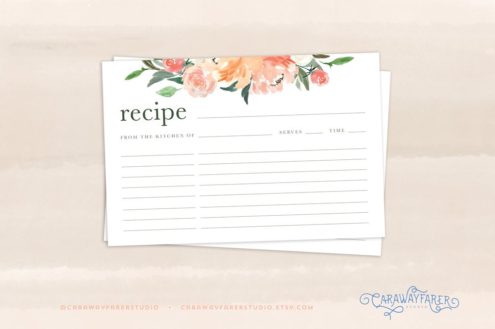 Floral Recipe Cards Printable 4x6 Recipe Card Template Kitchen | Etsy
