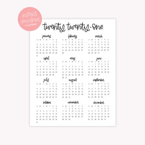 Printable 2021 Full Year Calendar - 2021 Calendar Download - Downloadable Calendar - Sunday Start - Vertical Calendar - Full 2021 Year