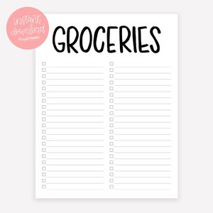 May include: A printable grocery list with the word "GROCERIES" in black at the top. The list has two columns with 20 blank lines each, with a checkbox next to each line.
