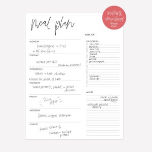 Printable Menu Planner - Menu Planner with Grocery List and Notes - Printable Menu - Weekly Menu Planner - Minimal Meal Planner - PDF - M-S