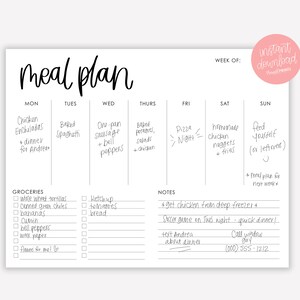 May include: A black and white printable meal planner with a handwritten weekly meal plan. The planner includes a grocery list, notes section, and a daily meal plan for Monday through Sunday. The text includes: "Chicken Enchiladas", "Baked Spaghetti", "One-pan sausage", "Pizza Night", "Homemade chicken nuggets", "Feed yourself (or leftovers)", "Get chicken from deep freezer", "Soccer game on Tues night - quick dinner!", "Text Andrea about dinner", "Call window guy (000) 555-1212".